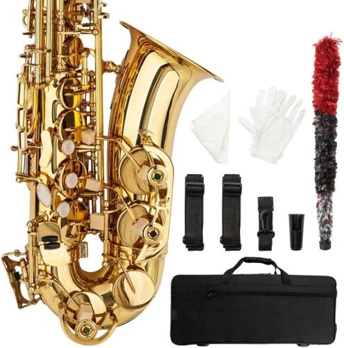 Ktaxon Alto Saxophone Drop E Brass Sax Full Kit for Student Beginners with Carving, Mouthpiece, Carrying Case, Gloves, Cleaning Cloth Bar, Detachable Strap, Shoulder Strap, Reed, Lacquered - Lot 65