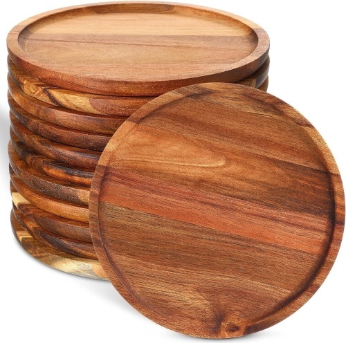 Rtteri 12 Pcs Acacia Round Dinner Plates Wood Tray Round Wooden Charger Plate for Sandwich Dishes Snack Dessert Salad Fruit, Easy Cleaning Lightweight, 8 Inch - Lot 145