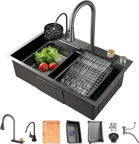 MWIDCIEW Drop In Kitchen Sink Gunmetal Gray Stainless Steel Waterfall Kitchen Sink with Pull Down Sprayhead Faucet Single Bowl Kitchen Sink Workstation with Multiple Accessories (29.5 x 17.7 inch) - Lot 146