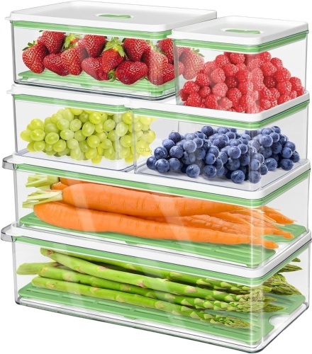 MineSign 6Pack Plastic Stackable Food Containers With Vented Lids And Removable Drain Tray Refrigerator Produce Saver Organizer Bins For Fridge Freezer Fruits&Veggie Storage Kitchen Organization - Lot 147
