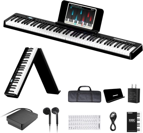 Folding Piano Keyboard, 88 Keys Full Size Semi-Weighted Foldable Piano, Support MIDI USB Interface Bluetooth Portable Piano with LCD Screen Sheet Music Stand Sticker Sustain Pedal for Beginners Kids - Lot 167