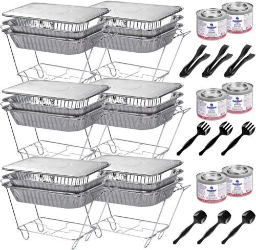 Disposable Chafing Dish Buffet Set, Food Warmers for Parties, Catering Supplies Buffet Display, Complete 39pc, Half Size Single Pan, Warming Trays (6 Pack)2"D x 9"W x 13"H - Lot 261
