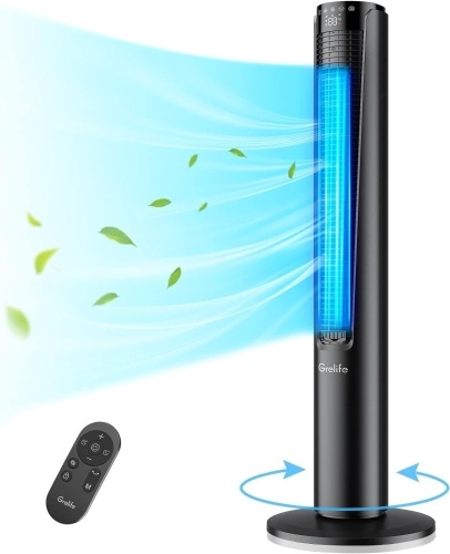 Grelife 42" Tower Fan for Bedroom, 80° Oscillating Bladeless Fan with Remote, Quiet Floor Powerful Fan, 3 Speeds, 4 Modes, LED Display, 12H Timer, Standing Fan for Indoor Home Office - Lot 273