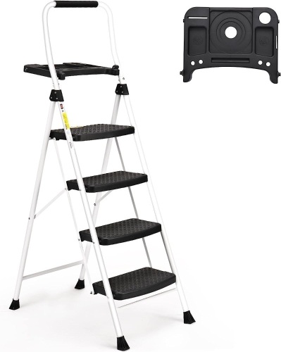 SocTone 4 Step Ladder, Folding Step Stool with Tool Platform, Sturdy& Portable Steel Ladder for Adults, 330LBS Capacity Ladder for Home Kitchen Pantry Office,17.3"W x 44.1"H - Lot 275