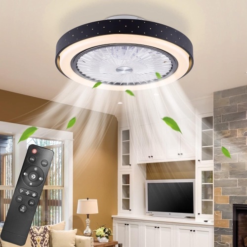 POWROL Modern Ceiling Fan with Lights,Bladeless Remote Control Ceiling Fans,LED 3 Colors Dimming 3 Speed 19''Low Profile Enclosed Flush Mount Fan  - Lot 365
