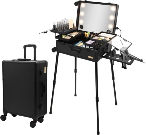 Tense Edano Extra Large Aluminum Trolley Makeup Train Case with Built-in LED Lights Professional Cosmetic Organizer Studio with Speaker & Stand Rolling Lighted Makeup Vanity Station (black) - Lot 32