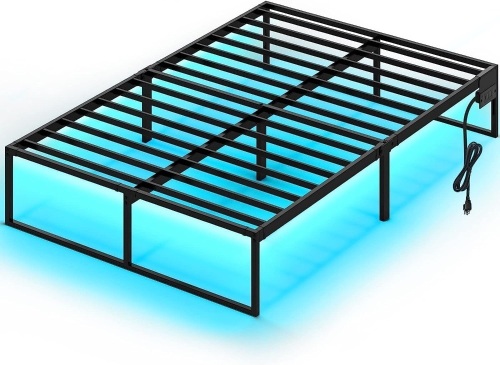 Rolanstar Bed Frame with USB Charging Station, Full Bed Frame with LED Lights, Platform Bed Frame with Heavy Duty Steel Slats, 14" Storage Space Beneath Bed - Lot 370