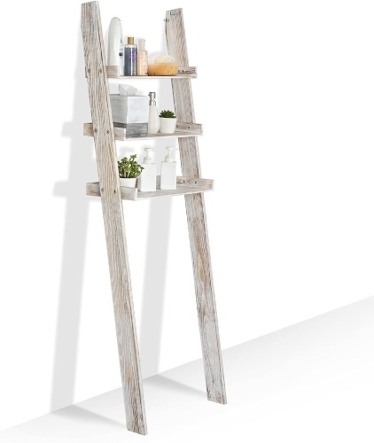 MyGift Over-The-Toilet Storage Shelves, 3-Tier Rustic Whitewashed Wood Leaning Bathroom Ladder Shelf 15.75"D x 23.25"W x 66.5"H - Lot 356