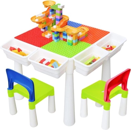 67i Kids Activity Table and 2 Chairs Set 3-in-1 Compatible Multi Activity Table Set for Kids Use As A Building Block Table Water Table Craft Table 20"L x 20"W x 19"H - Lot 362