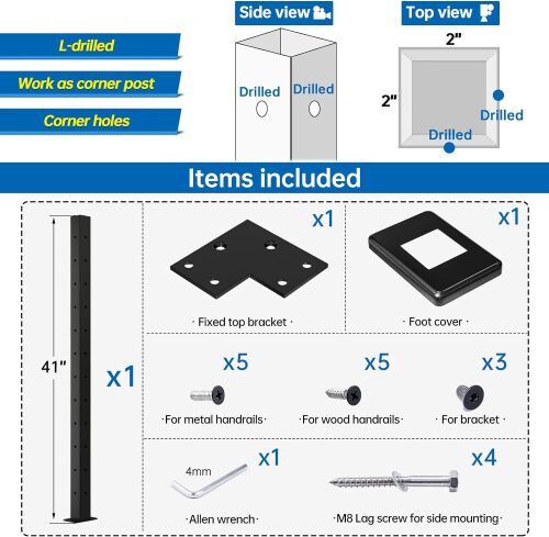 Muzata L-drilled Corner Post 42"x2"x2" Fixed Top Cable Railing Post Top Mount One-Post Corner Solution Black Finish Stainless Steel Wood Concrete Level Deck, PS02 BC4L - Lot 237