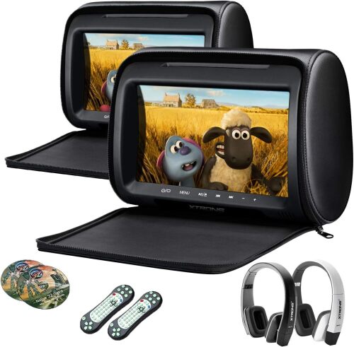 XTRONS Pair Car Headrest DVD Player, 9 Inch Screen Dual Vehicle Headrest Monitor Supports Slot-Load DVD Audios Videos, Games Disc, HDMI Input, USB, SD, IR with New Black & White IR Headphones - Lot 22
