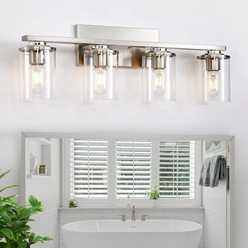 Doltoro 4-Light Bathroom Light Fixtures, Brushed Nickel Vanity Lights for Bathroom, Modern Bathroom Vanity Light with Clear Glass Shade, Brushed Nickel Bathroom Lights Over Mirror - Lot 250