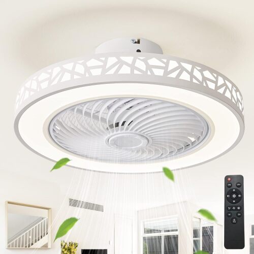 JUTIFAN Ceiling Fan with Lights Remote Control, 19" Modern Low Profile Ceiling Fan with 3 Color Changing, 72W Enclosed Ceiling Fan Led Fan Lights with Smart Timing for Bedroom, Living Room - Lot 257