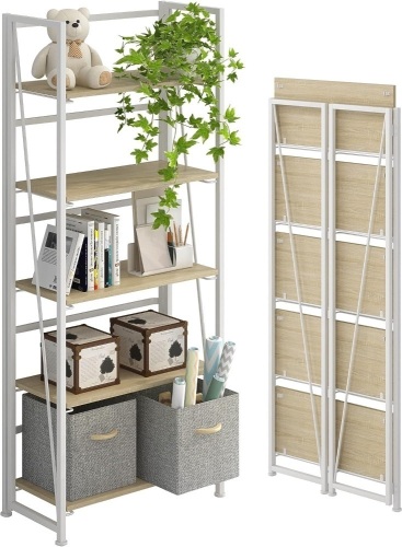 4NM No-Assembly Folding Bookshelf Storage Shelves 5 Tiers Vintage Bookcase Standing Racks Study Organizer Home Office (Natural and White) 11.6"D x 23.6"W x 62.2"H       - Lot 548
