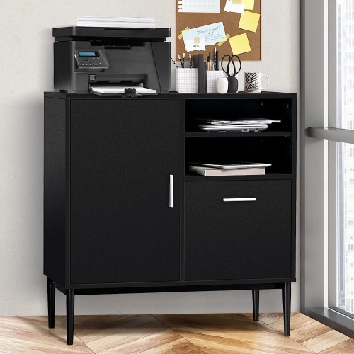 REHOOPEX Storage Cabinet with Drawer & Shelves, Free Standing Cabinet, Modern Black Accent Cabinet with Door, Wooden Side Cabinets for Living Room, Bedroom, Home Office 16"D x 31"W x 32"H - Lot 461