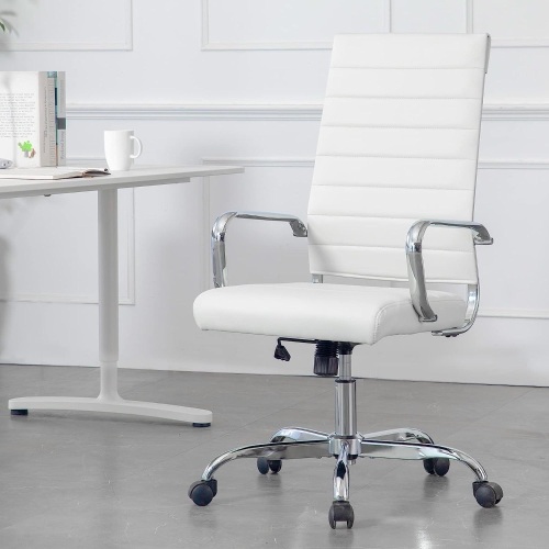LANDSUN Home Office Chair Ribbed Leather High Back Executive Swivel Computer Desk Chairs with Wheels and Armrests Soft Padded Adjustable Height Modern Conference Chrome White 29"D x 29"W x 45.3"H - Lot 102