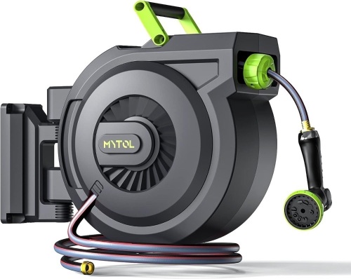 MYTOL Retractable Garden Hose Reel, 5/8 Inch x 82 ft + 6 ft Wall Mounted Water Hose Reel with Auto Slow Rewind System, 10-Pattern Nozzle, Any Length Lock, 180° Swivel Bracket, Ideal for Easy Watering - Lot 111