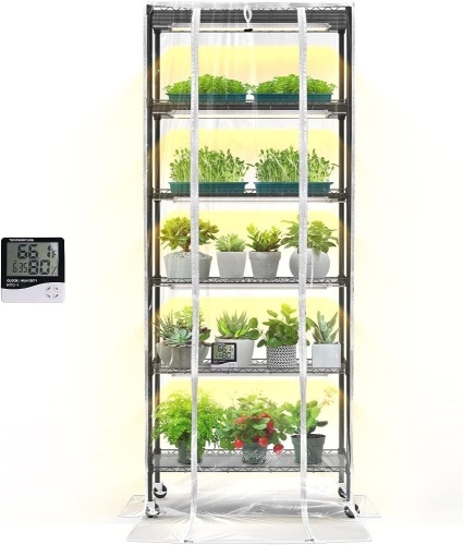 Bstrip Plant Shelf with Grow Light, Grow Light Shelf with Cover and Thermometer, 6 Tier Plant Stand with Grow Light , Greenhouse with 150W Led Grow Light For Seed Starting , Tray (29.5"L×13.8"W×70"H) - Lot 116