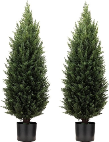 Two 3 Foot Artificial Topiary Cedar Trees Artificial Potted Shrubs UV Resistant Bushes Plants for Indoor Outdoor - Lot 227