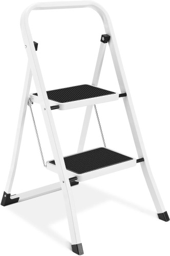 2 Step Ladder, Lightweight Folding Step Stools for Adults with Anti-Slip Pedal, Portable Sturdy Steel Ladder with Handrails, Perfect for Kitchen & Household, 330 lbs Capacity, White 21.1"D x 18.3"W x 31.7"H - Lot 376