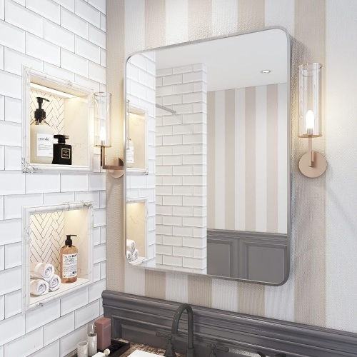 ATHETOP Contemporary Brushed Metal Wall Mirror | Brushed Silver Framed Rounded Corner Design | Hangs Horizontal or Vertical (30" x 40") - Lot 380