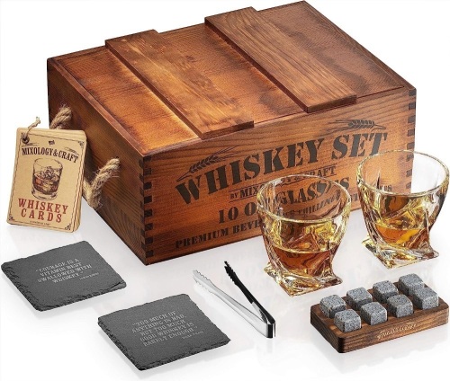 Mixology Whiskey Gift Set, Whiskey Glass Set with Rustic Wooden Crate, 8 Granite Whiskey Rocks Chilling Stones, 10oz Whiskey Glasses, Gift for Men, Dad, Husband, Boyfriend - Jameson Brown - Lot 3778