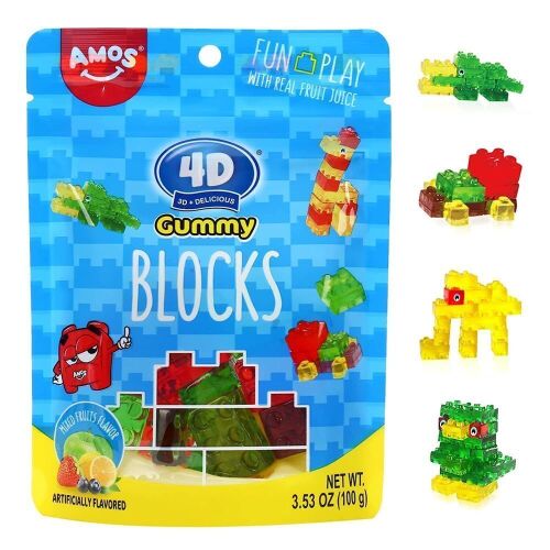 AMOS 4D Gummy Blocks Candy Bricks, Edible Building Blocks, Themed Candy for Kids Birthday Party, Gluten Free，Resealable 3.53oz Bag (6 Pack) - Lot 3956