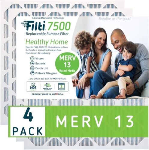 Filti 7500 Pleated Home HVAC Furnace 20 x 20 x 1 MERV 13 Air Filter with Reduced Carbon Footprint and Nanofiber Technology (4 Pack) - Lot 3887
