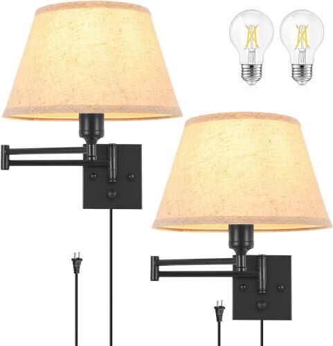 TRLIFE Dimmable Wall Sconce Plug in, Wall Sconces Set of Two Swing Arm Wall Lights with Plug in Cord and On/Off Dimmer Rotary Switch, 11.8" Large Beige Fabric Shade(2 Pack, 2 Bulbs Included) - Lot 4069