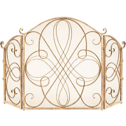 3-Panel Wrought Iron Metal Fireplace Screen Cover w/ Scroll Design - 55x33in - Lot 4052