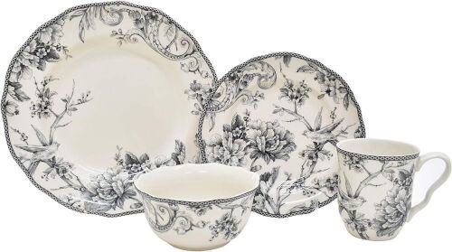 222 Fifth Adelaide 16-Piece Porcelain Dinnerware Set with Round Plates, Bowls, and Mugs, Gray - Lot 4026