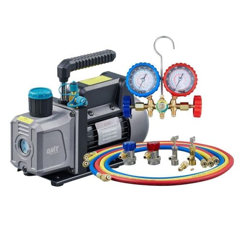 OMT AC Gauge Set, with 5FT Hoses, R134a Quick Couplers, Puncture & Self-Sealing Can taps and 3.5cfm Single Stage Vacuum Pump for R134a, R12, R22, R502, Bundle - Lot 4027
