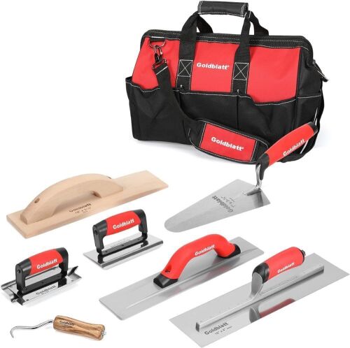 Goldblatt 8 Piece Masonry Hand Tool Set Includes Finishing Trowel, Gauging Trowel, Groover, Edger, Extruded Alloy Float, Wood Float and Wire Twister, Organized in Tool Bag  - Lot 20