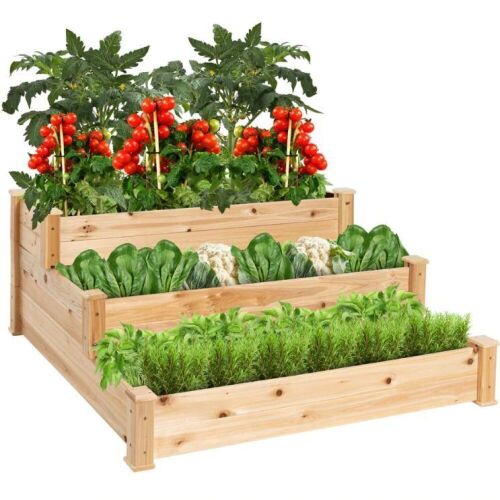 3-Tier Raised Fir Wood Garden Bed Planter w/ Stackable & Flat Setup  - Lot 256