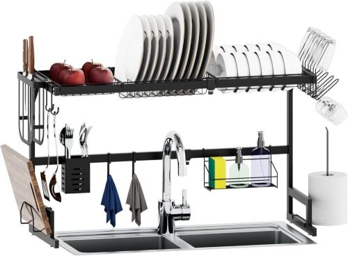 HEITICUP 2 Tier Dish Drying Rack, Adjustable & Space-Saving Over The Sink, Black Stainless Steel, from 25.6" to 33.5" - Lot 430