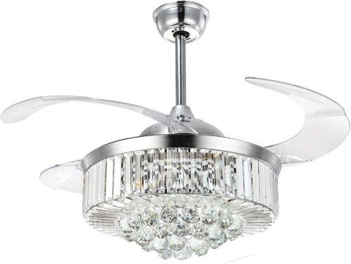 Fandian 42" Crystal Chandelier Retractable Ceiling Fan with Light, Remote Control, Silent Motor with LED Lighting Board Included, Brushed Silver  - Lot 45