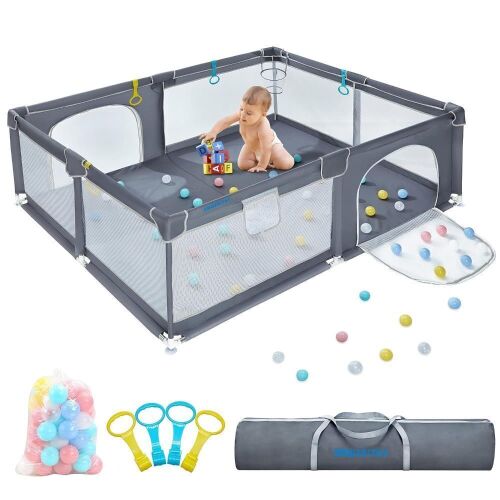 Sturdy Safety Play Yard with Soft Breathable Mesh, Dark Grey, 78" x 62" x 26"  - Lot 459
