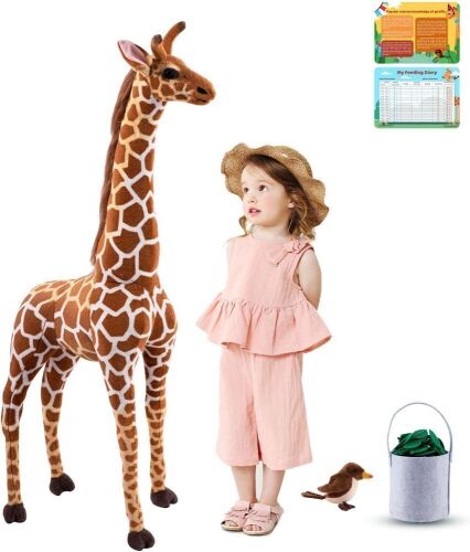BRINJOY 47" Giant Giraffe Stuffed Animal Set with Bird, Basket, Leaves and Feeding Card - Lot 401