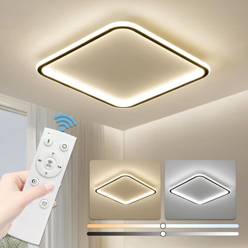 Mikeru Square Type Dimmable LED Ceiling Light, 15.7 Inch Flush Mount, 3 Colors Temperature, Remote Control - Missing Battery Cover for Remote - Lot 406