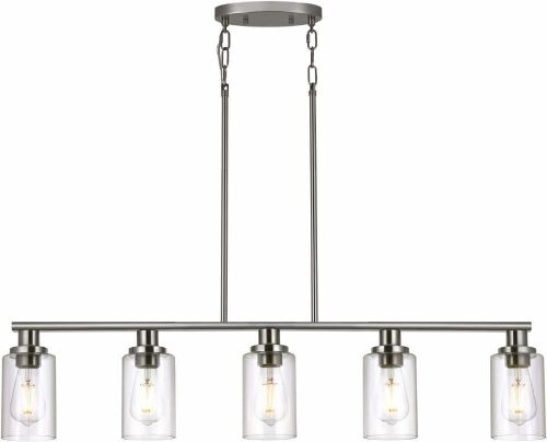 KPIOK 5-Light Island Pendant Light Fixture, Brushed Nickel Finish with Clear Glass Shades - Lot 579
