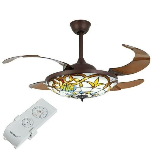 OUKANING 42" Retro Ceiling Fan Light 4-Blade Retractable Chandelier with Remote Control - Lot 95