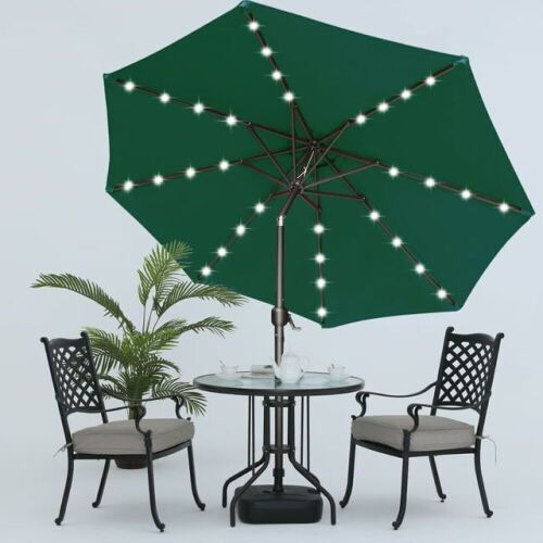 MASTERCANOPY 9ft Patio Umbrella with 32 Solar LED Lights, 8 Ribs, Forest Green - Lot 527
