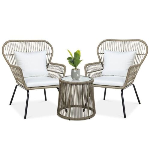 3-Piece Patio Wicker Conversation Bistro Set w/ 2 Chairs, Glass Top Table - Unknow if Hardware is Complete - Lot 44