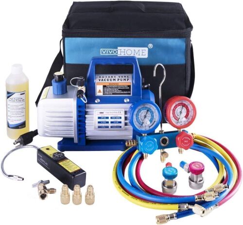 VIVOHOME 110V 1/3 HP 4CFM Single Stage Rotary Vane Air Vacuum Pump and R134a AC Manifold Gauge Set Kit with Leak Detector  - Lot 78