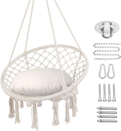 Y- STOP Hammock Chair Macrame Swing, Max 330 Lbs, Hanging Cotton Rope Hammock Swing Chair for Indoor and Outdoor Use (Beige)12.4"L x 9.29"W - Lot 55A