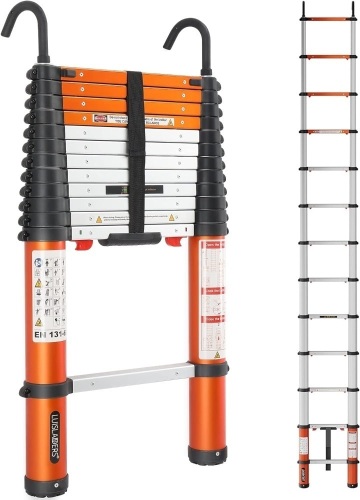 LUISLADDERS Aluminum Telescoping Ladder Telescopic Extension Ladder 330 Pound Capacity One-Button Retraction (12.5 FT) - Lot 58