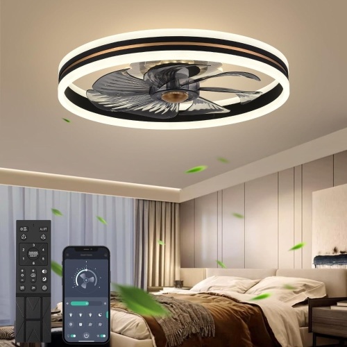 Fszdorj 2023 Upgraded 20‘’ Smart Ceiling Fan with Light, Low Profile Fan, Flush Mount Ceiling Fan, 6 Speeds, Dimmable LED, App & Remote Control, Quiet DC Motor, For Bedroom, Living Room, F105 Black - Lot 59