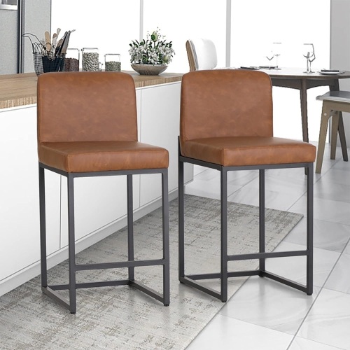 ALPHA HOME 24” Bar Stools Set of 2 Counter Height Bar Stool Pu Leather Kitchen Modern Bar Stools with Backrest Upholstered Footrest Sturdy Chromed Metal Steel Frame,Brown. - Lot 69
