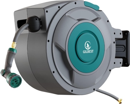 Gilbest Retractable Garden Hose Reel,5/8 in x 100 ft Wall Mounted Hose Reel, with 10- Function Sprayer Nozzle, Any Length Lock/Slow Return System/Wall Mounted/180°Swivel Bracket (Grey) - Lot 78