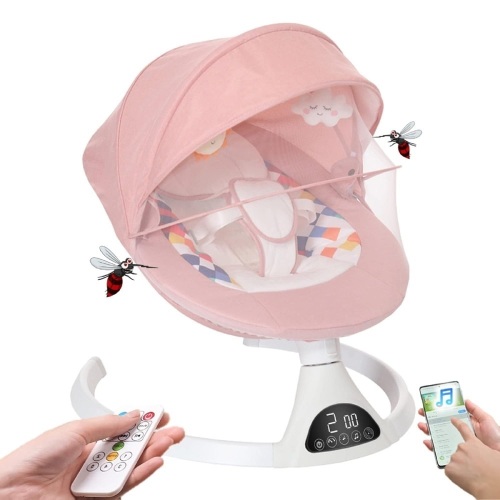 Addweet Baby Swings for Infants, Portable Bluetooth Enabled Baby Rocker with 5 Natural Swing Ranges & 10 Preset Sleep Music, Auto-Sensing Start-Stop System, Remote Control Newborn Swing (Pink) - Lot 128